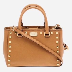 Michael Kors Studded Selma Medium Leather Satchel Crossbody Bag Brown Tan NWOT